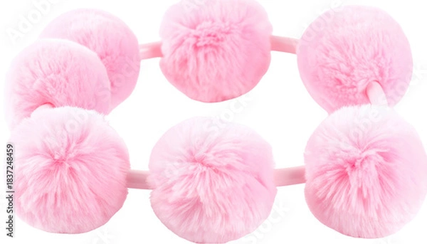 Fototapeta Six soft, pink, fluffy pom-poms are linked by a light pink band in a grid pattern against a white background
