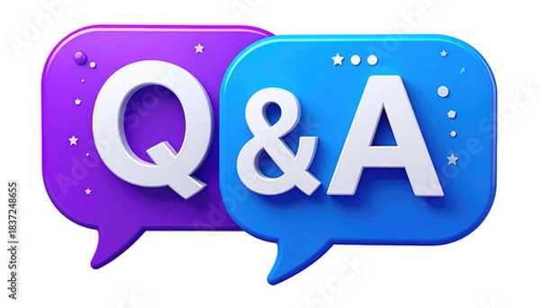 Fototapeta Playful Q&A graphic purple and blue rounded speech bubbles display white letters with decorative stars/dots