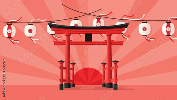 Obraz Stunning vibrant red torii gate welcomes visitors under traditional Japanese lanterns during a festival celebration