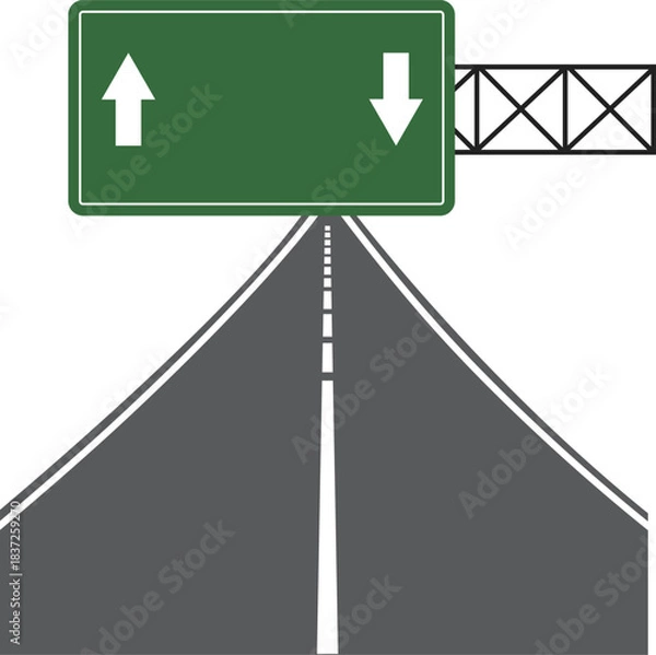 Fototapeta Highway Sign & Direction: A visual representation of a highway sign with direction indication arrows above a converging highway, symbolizing movement and direction