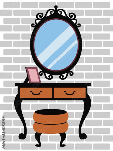 Fototapeta Vanity Table Reflection: An exquisite vanity table with an ornate mirror, nestled against a backdrop of exposed brick, radiates elegance.