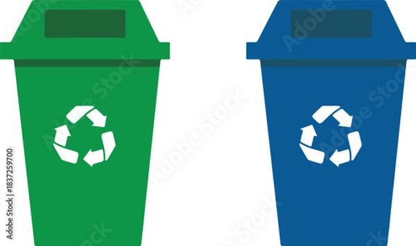 Fototapeta Recycling Bins: A pair of vibrant recycling bins, one a refreshing green and the other a deep blue, stand side by side.