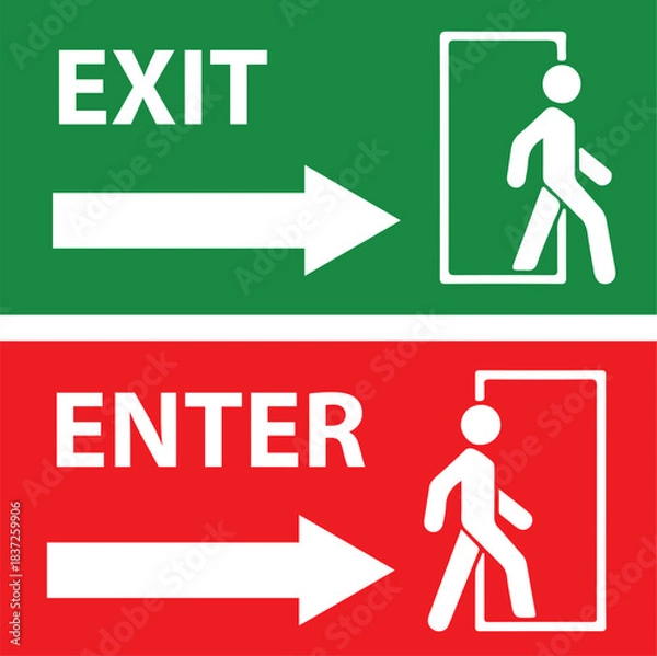 Fototapeta Navigational Guidance: An instructive presentation of entry and exit signage, highlighting clear directional instructions and essential safety protocols.