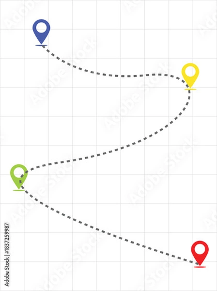 Fototapeta Mapping the Journey: A visual representation of a journey, marked by distinct location markers connected by a dotted path, symbolizing movement and exploration. 