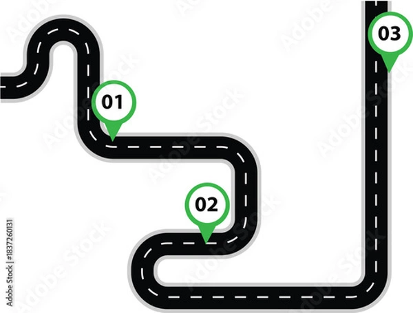 Fototapeta Journey's Path: A winding road marked with checkpoints represents progress towards a goal. The image evokes the sense of planning, strategy, and journey