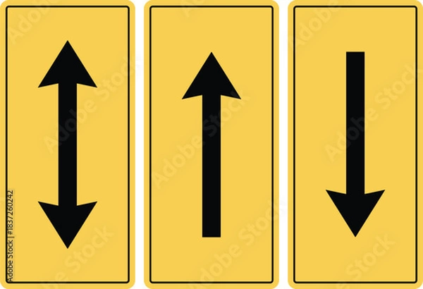 Fototapeta Arrows of Direction: Three informational signs of road ahead featuring up, down, and bidirectional arrow symbols on yellow backgrounds. Each design is concise and straightforward. 