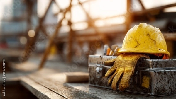 Obraz Construction safety gear yellow helmet and gloves on metallic toolbox at construction site industrial environment close-up