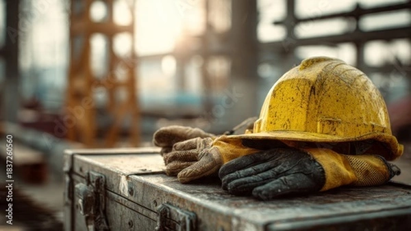 Obraz Construction safety gear yellow helmet and protective gloves on toolbox in unfinished steel structure
