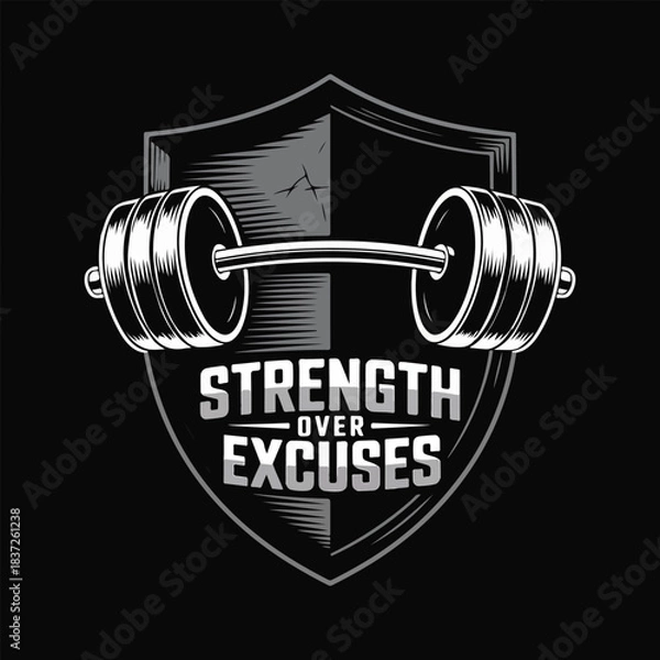 Fototapeta Monochrome shield with barbell and text strength over excuses vector