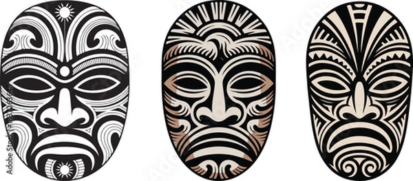Fototapeta Three tribal masks with vector black tan and white designs