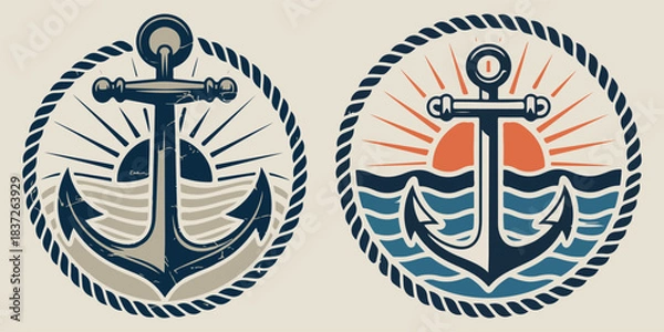 Fototapeta Two Nautical Anchors With Sun And Waves In Rope Circles vector