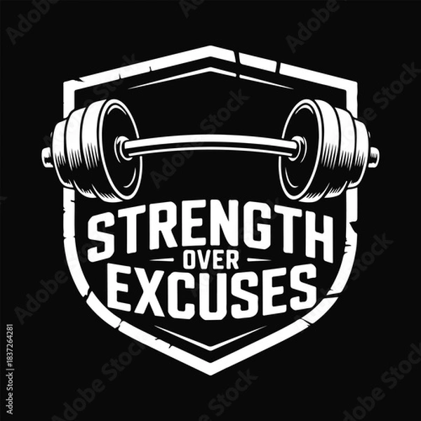 Fototapeta Vector White shield with barbell and text Strength Over Excuses