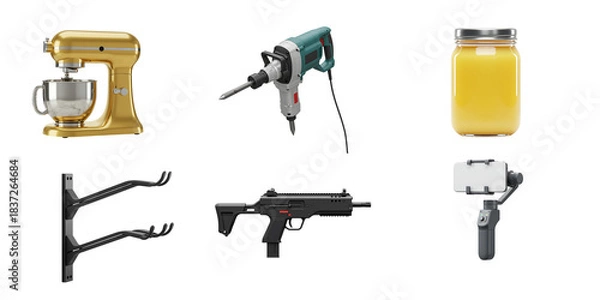 Fototapeta Collection of objects including a stand mixer drill jar gun and camera gimbal