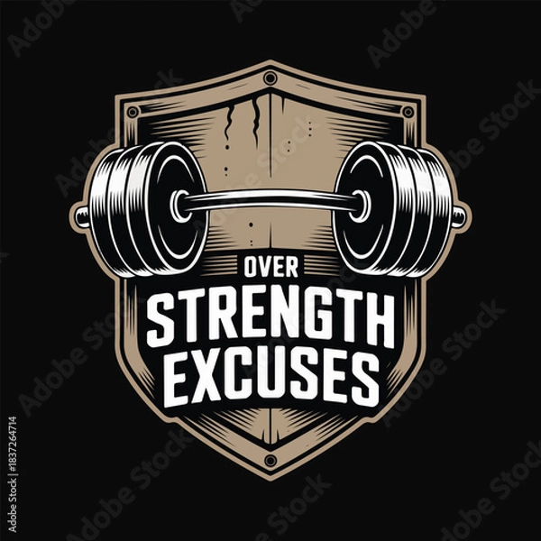 Fototapeta Vintage shield with barbell and text Over Strength Excuses vector