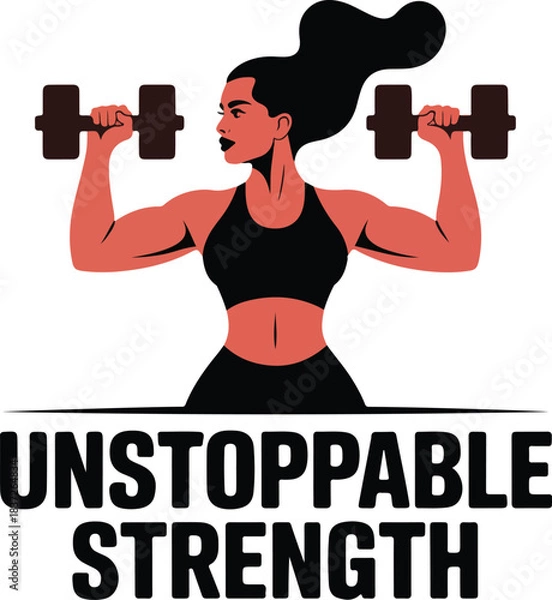 Fototapeta Woman lifting dumbbells with text Unstoppable Strength