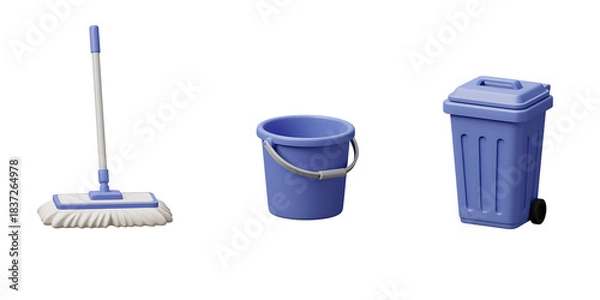 Fototapeta Cleaning supplies including a mop bucket and trash can on a white  background