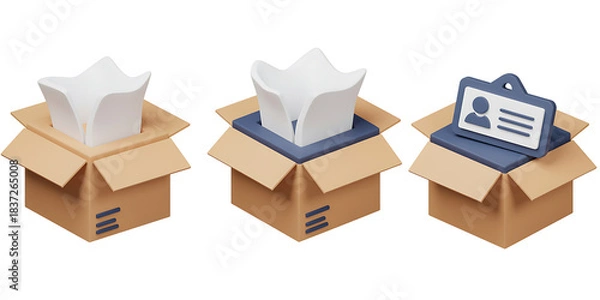 Fototapeta Three open cardboard boxes with white objects and one with a clipboard