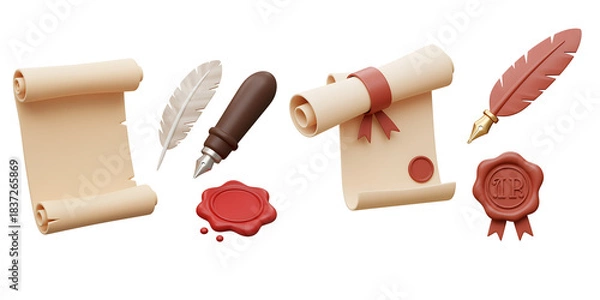 Fototapeta old paper scroll and feather