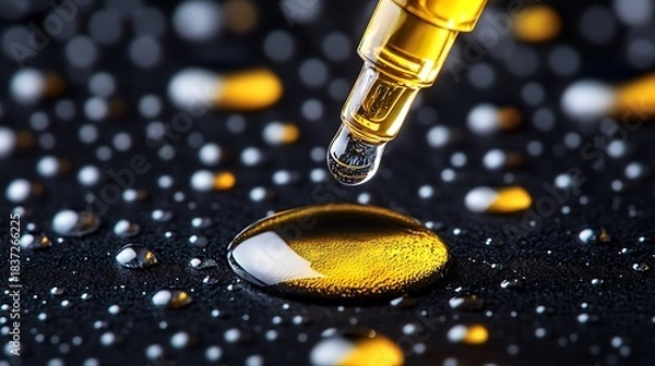 Fototapeta Droplet of Serum from Pipette on Black Surface with Closeup.
