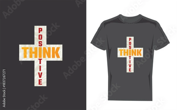 Fototapeta Black tshirt with think positive graphic design mockup on wooden background