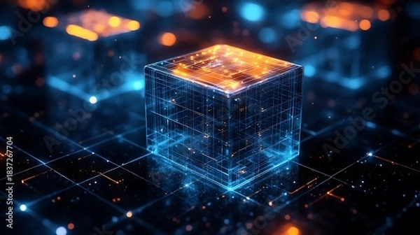 Fototapeta Futuristic 3D cube network with tech, and abstract.