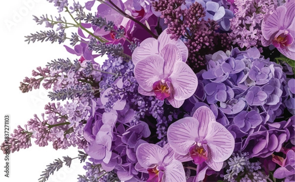 Fototapeta Elegant purple floral arrangement featuring vibrant orchids, delicate hydrangeas, and fragrant lavender, creating a beautiful and serene botanical display