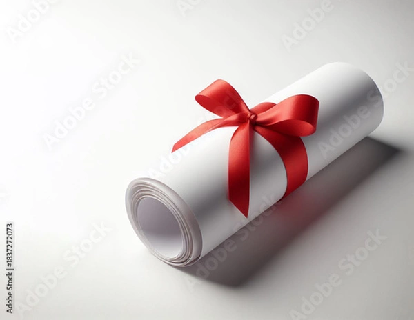 Obraz Rolled White Sheet of Paper Tied with Red Ribbon on Neutral Background
