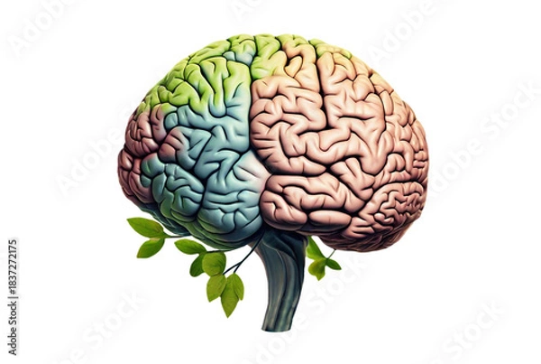 Obraz Brain with Plant Stem and Leaves — Growth Mindset and Eco Intelligence Concept
