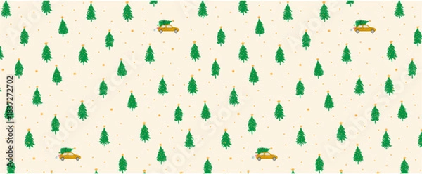 Obraz christmas tree forest with car semaless pattern cute background