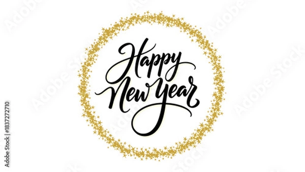 Fototapeta Happy new year calligraphy text inside a gold glitter circle