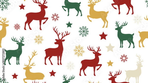 Fototapeta Seamless pattern with colorful reindeer and snowflake holiday design