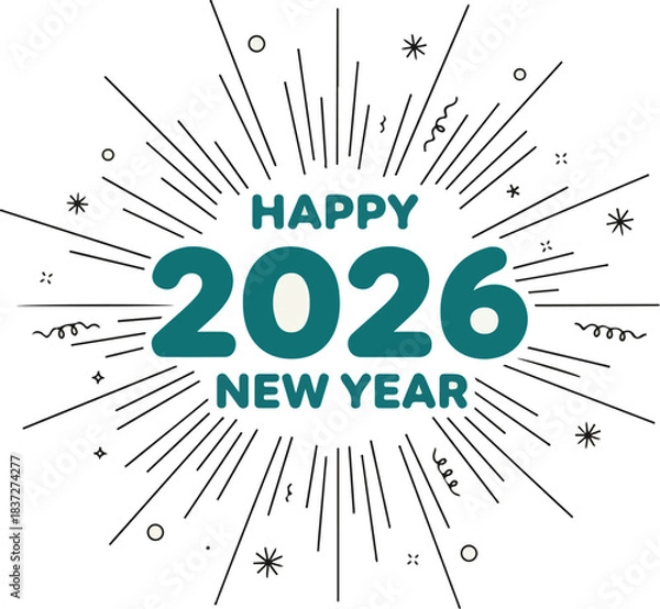 Fototapeta New Year's Greetings 2026: A vibrant and modern design, sending a burst of optimism for the year ahead, wishing a Happy 2026 New Year.