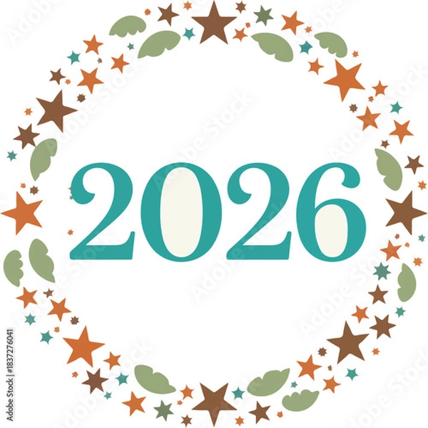 Fototapeta A Glimpse into the Future: A charming illustration featuring the number 2026 elegantly framed by a festive wreath of stars and leaves, signifying the approach of a new year.