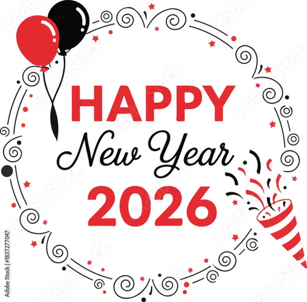 Fototapeta Celebration of the New Year 2026: An elegant illustration marks the dawn of 2026, balloons, and confetti to set a celebratory atmosphere. 