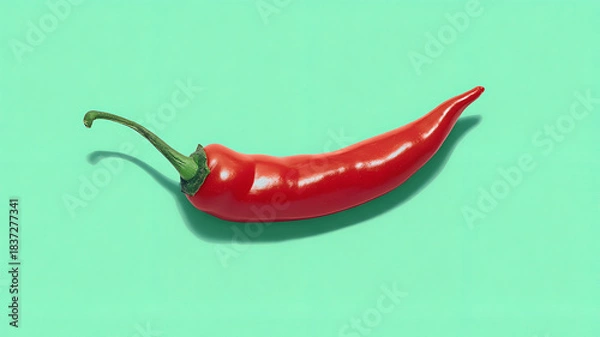 Fototapeta Fresh Chili Pepper Floating on Teal Background, Minimal Food Concept, Single Red Chili Pepper Close Up.