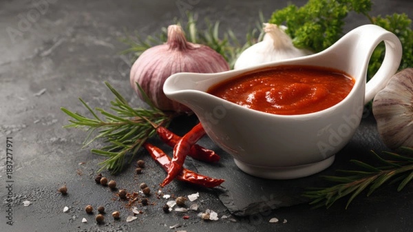 Fototapeta Homemade spicy tomato sauce with ingredients for making on a light slate, stone o concrete background, Delicious tomato soup with aromatic spices and greens on a wooden table served for dinner Vegan.