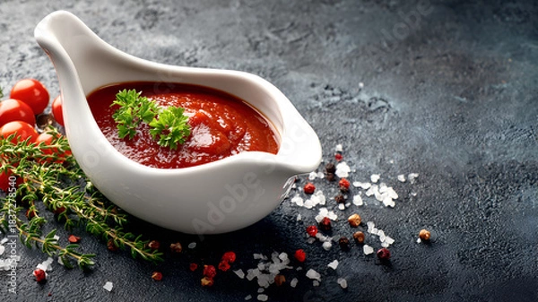 Fototapeta Homemade spicy tomato sauce with ingredients for making on a light slate, stone o concrete background, Delicious tomato soup with aromatic spices and greens on a wooden table served for dinner Vegan.