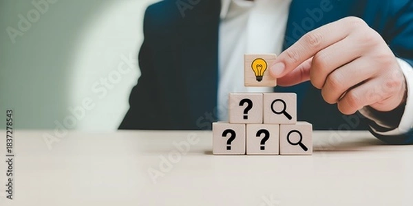 Fototapeta Businessman places lightbulb cube on pyramid of question marks and magnifying glasses
