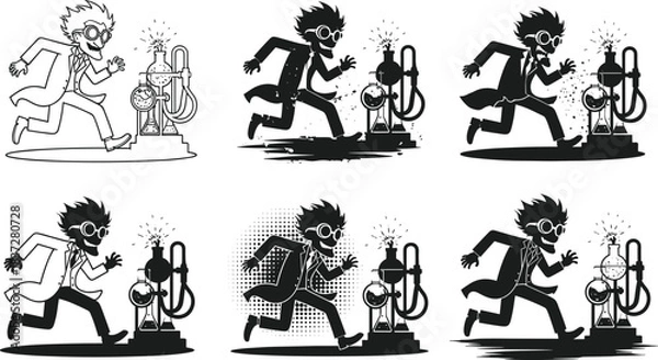Fototapeta Mad scientist running away from exploding chemistry experiment lab flask reaction.