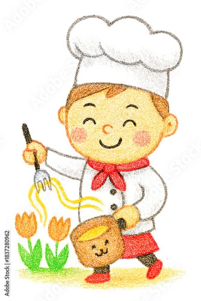 Fototapeta Happy Little Chef Playing with Noodles and Flowers