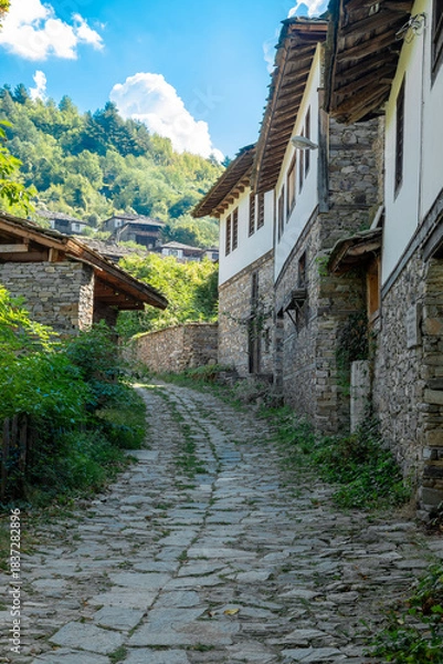 Fototapeta A narrow stone street between old, historic houses in the village of Kovachevitsa in the Rhodope Mountains, Bulgaria