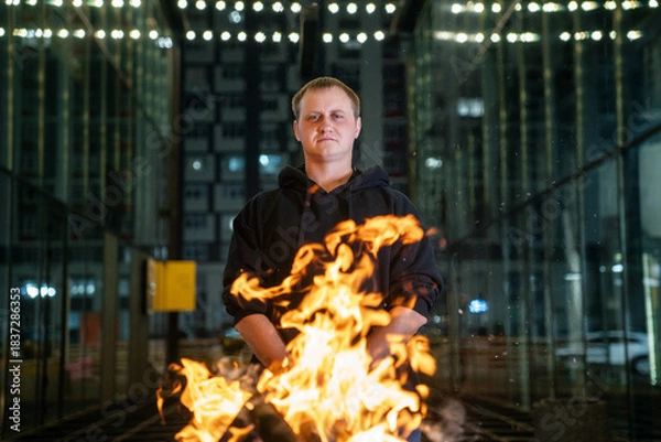 Obraz A man in a black hoodie stands centered, illuminated by the intense flames of a bonfire in the foreground
