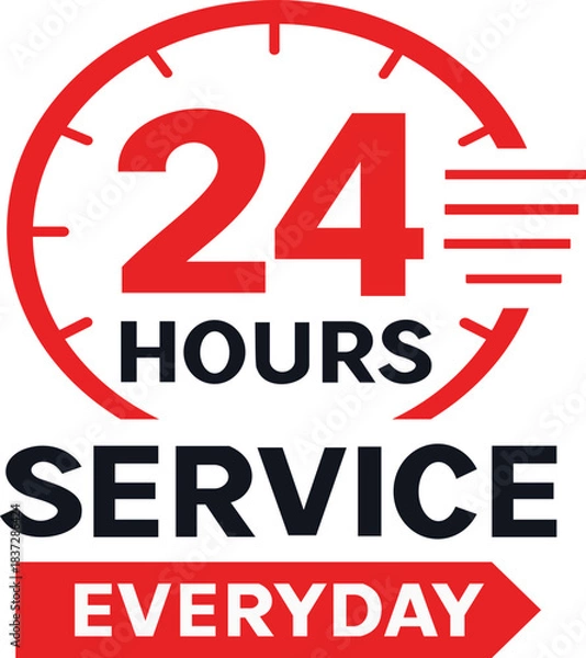 Fototapeta A bold and modern 24 hours service icon featuring a red speedometer-style graphic with the number “24” in large text, the word “HOURS” beneath it, and “SERVICE” written in strong black lettering. At t