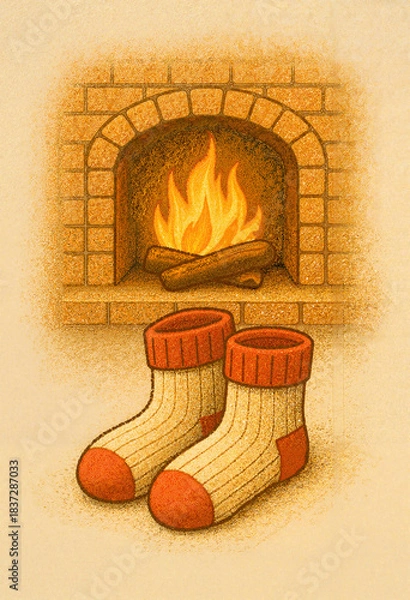 Fototapeta Wool socks placed near a cozy fireplace with a warm fire
