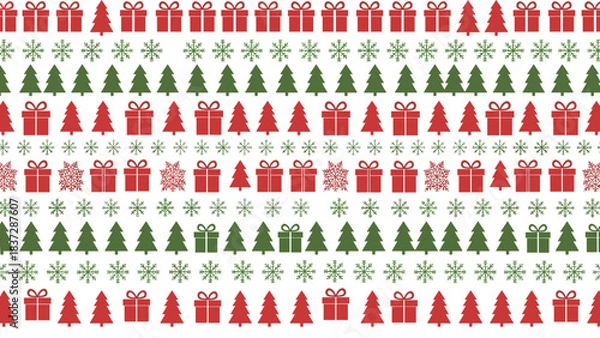 Fototapeta Seamless pattern with christmas tree gift and snowflake border