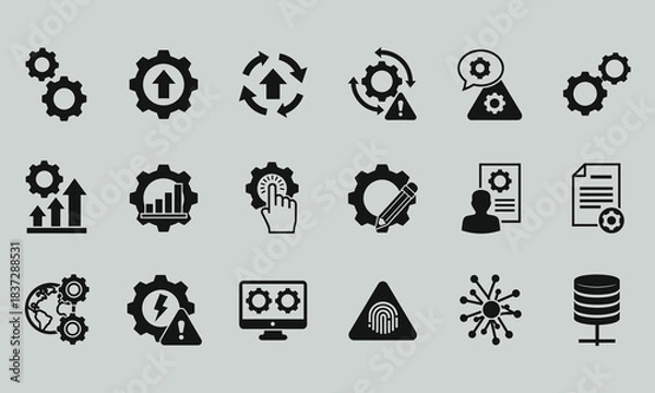 Fototapeta Set of Data, Management, Technology, and Gear Icons Including Arrows, Documents, Fingerprint, Database, and Global Network Symbol, Vector