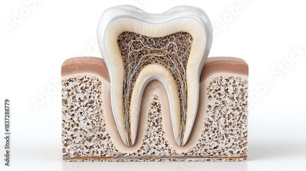 Obraz Human tooth cross-section showing enamel and dentin, isolate white background