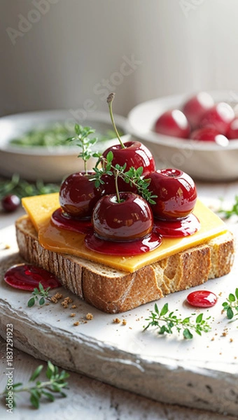Fototapeta Creative toast topped with a slice of cheddar cheese, glossy whole cherries, and garnished with fresh herbs, presented on a rustic stone plate in soft natural light.