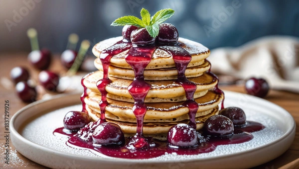 Fototapeta Tall stack of fluffy pancakes topped with cherries, cherry syrup, powdered sugar, and mint, styled on a ceramic plate in a warm, rustic close-up composition with a dark blurred background.