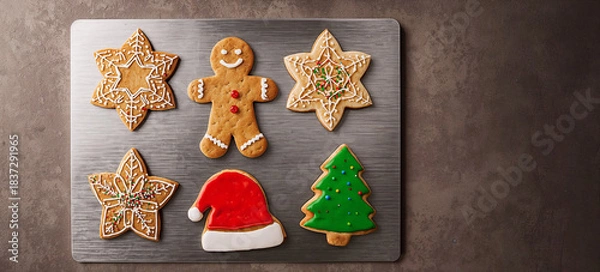 Fototapeta Festively decorated gingerbread cookies shaped like stars, a Christmas tree, a Santa hat, and a gingerbread man arranged on a metallic baking tray, showcasing holiday spirit and culinary creativity